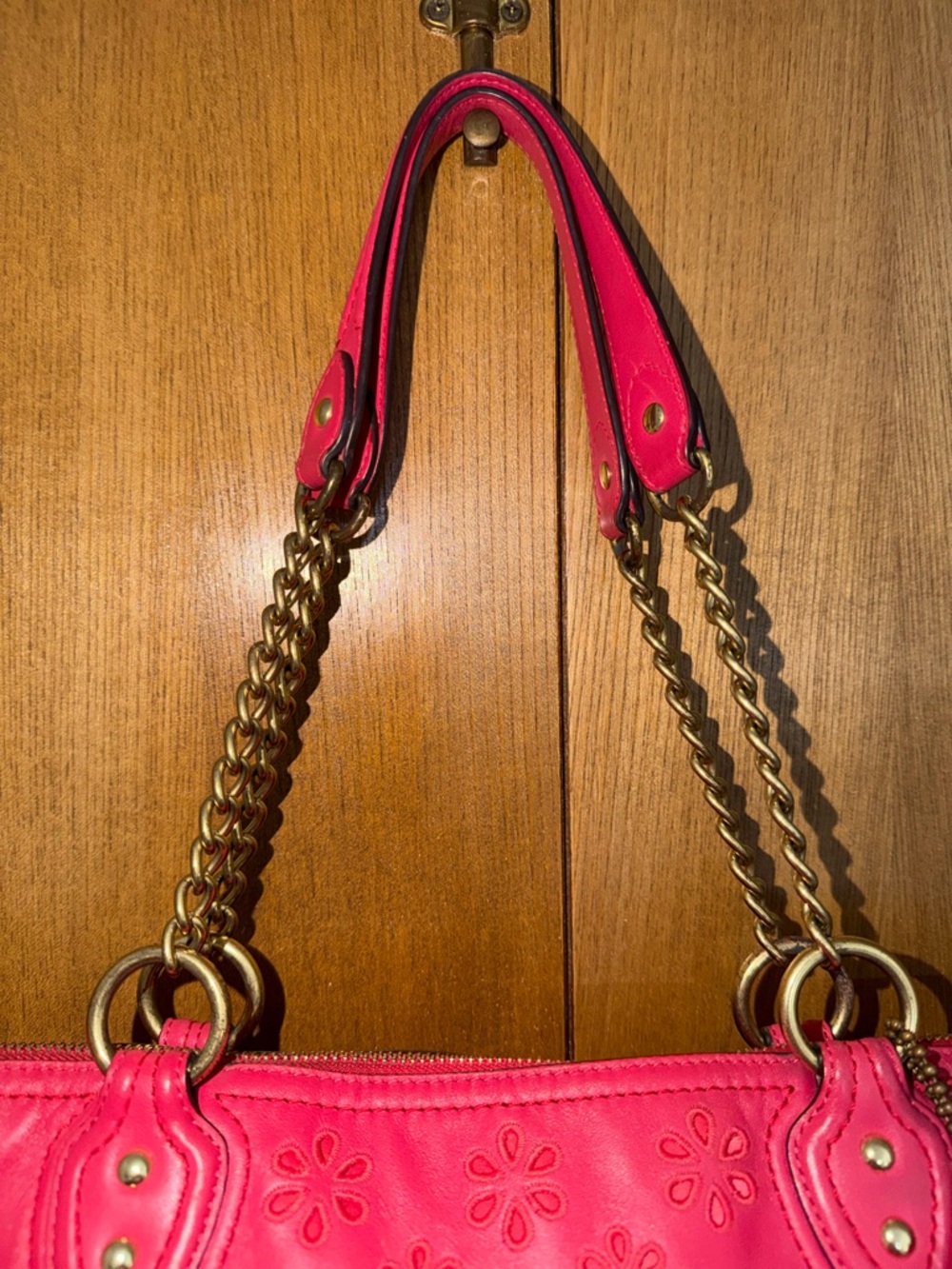 Coach Pink Leather Floral Perforated Chain Shoulder Bag Turnlock - Style 23842 - Picture 16 of 16